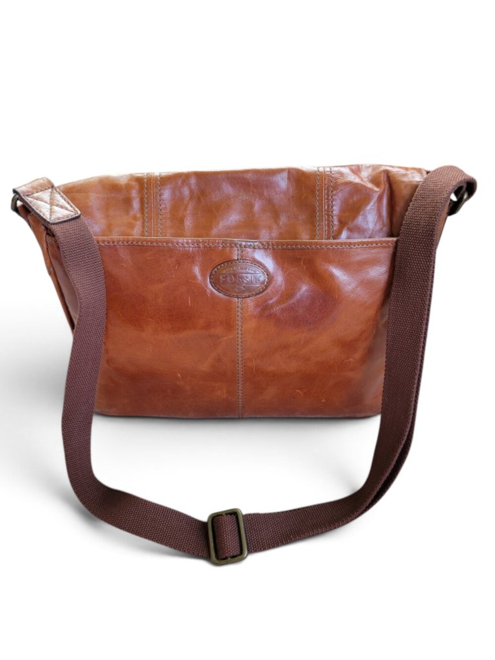 Fossil Cognac Brown Leather Messenger Bag with Adjustable Strap and Pockets - Picture 6 of 16